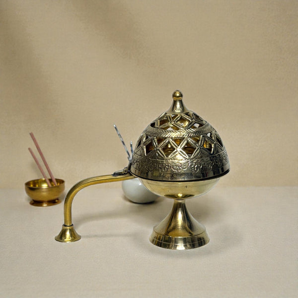 Adhunik Swadeshi Bhandar Brass Dhoop Dani with Handle | Incense Burner | Pooja & Home Fragrance