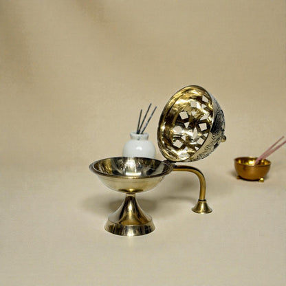 Adhunik Swadeshi Bhandar Brass Dhoop Dani with Handle | Incense Burner | Pooja & Home Fragrance
