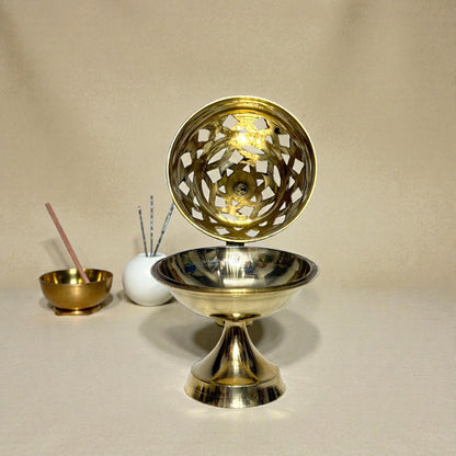 Adhunik Swadeshi Bhandar Brass Dhoop Dani with Handle | Incense Burner | Pooja & Home Fragrance