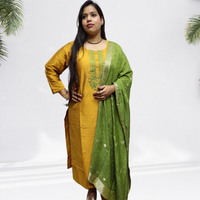 Royal Mustard Yellow Khadi Silk Kurti Set – Handcrafted Ethnic Suit with Green Embroidery & Banarasi Dupatta(06)
