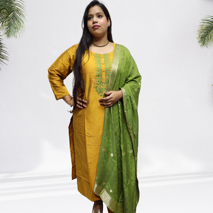 Royal Mustard Yellow Khadi Silk Kurti Set – Handcrafted Ethnic Suit with Green Embroidery & Banarasi Dupatta(06)
