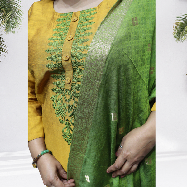 Royal Mustard Yellow Khadi Silk Kurti Set – Handcrafted Ethnic Suit with Green Embroidery & Banarasi Dupatta