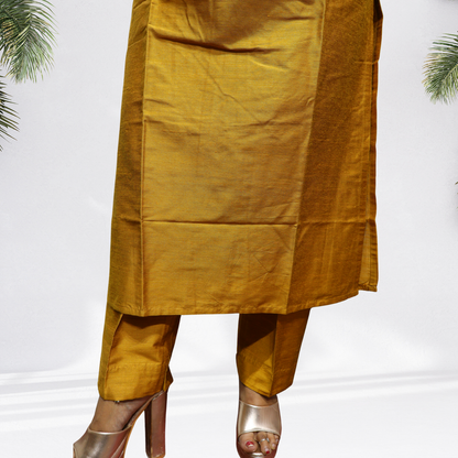 Royal Mustard Yellow Khadi Silk Kurti Set – Handcrafted Ethnic Suit with Green Embroidery & Banarasi Dupatta(06)