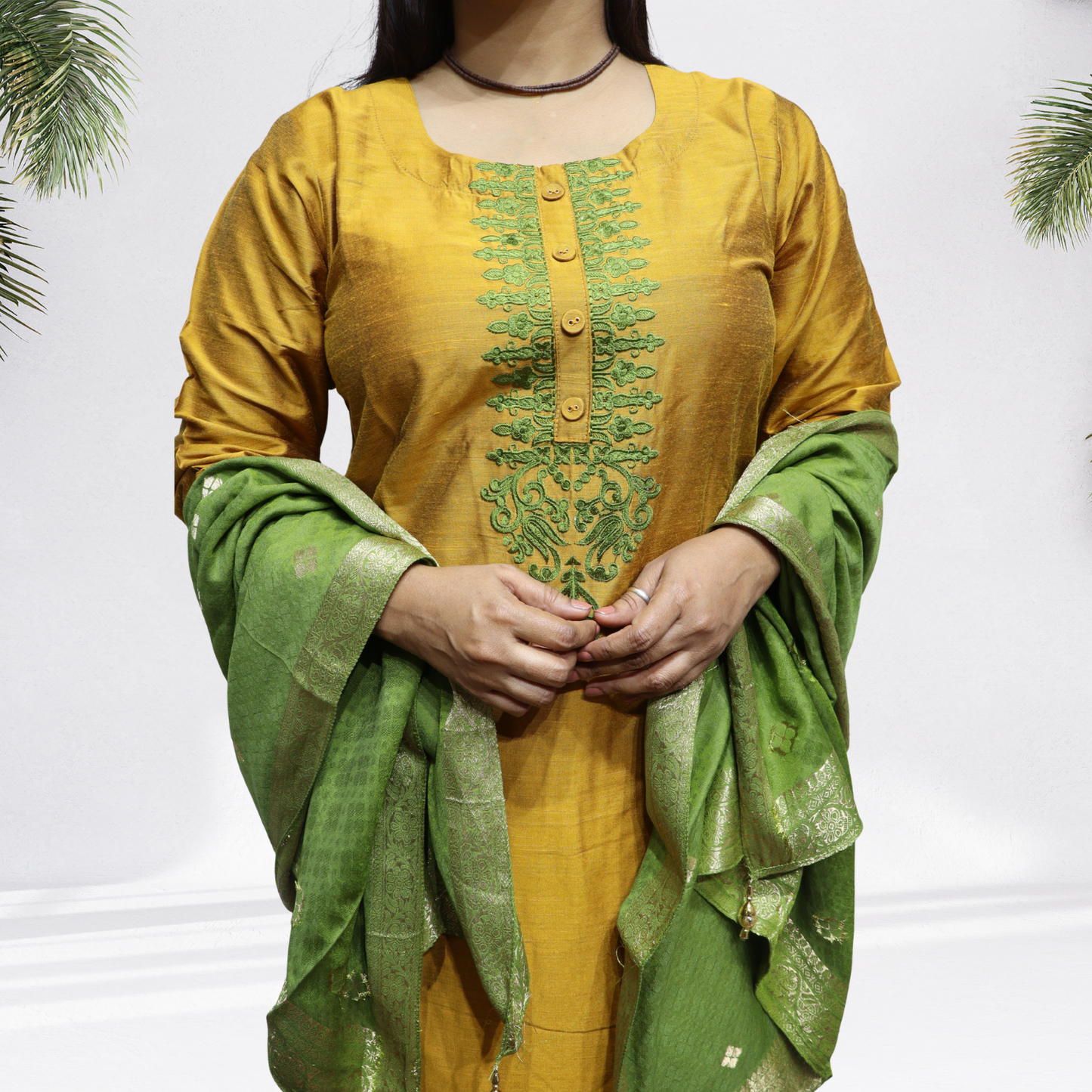 Royal Mustard Yellow Khadi Silk Kurti Set – Handcrafted Ethnic Suit with Green Embroidery & Banarasi Dupatta(06)