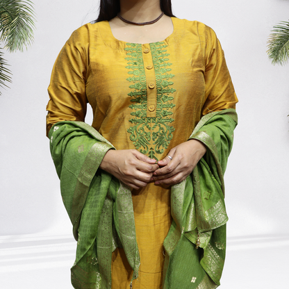 Royal Mustard Yellow Khadi Silk Kurti Set – Handcrafted Ethnic Suit with Green Embroidery & Banarasi Dupatta(06)