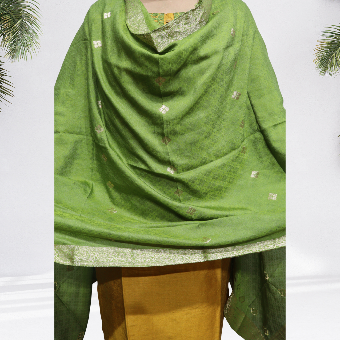 Royal Mustard Yellow Khadi Silk Kurti Set – Handcrafted Ethnic Suit with Green Embroidery & Banarasi Dupatta(06)