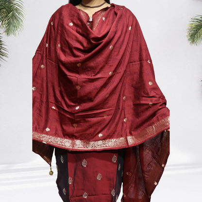 Royal Maroon & Black Khadi Silk Kurti Set – Handcrafted Dual-Tone Suit with Silver Embroidery & Banarasi Dupatta(07)