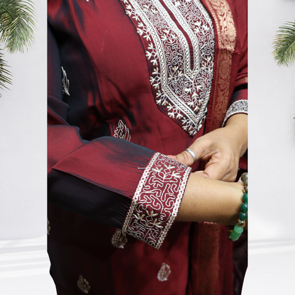 Royal Maroon & Black Khadi Silk Kurti Set – Handcrafted Dual-Tone Suit with Silver Embroidery & Banarasi Dupatta(07)