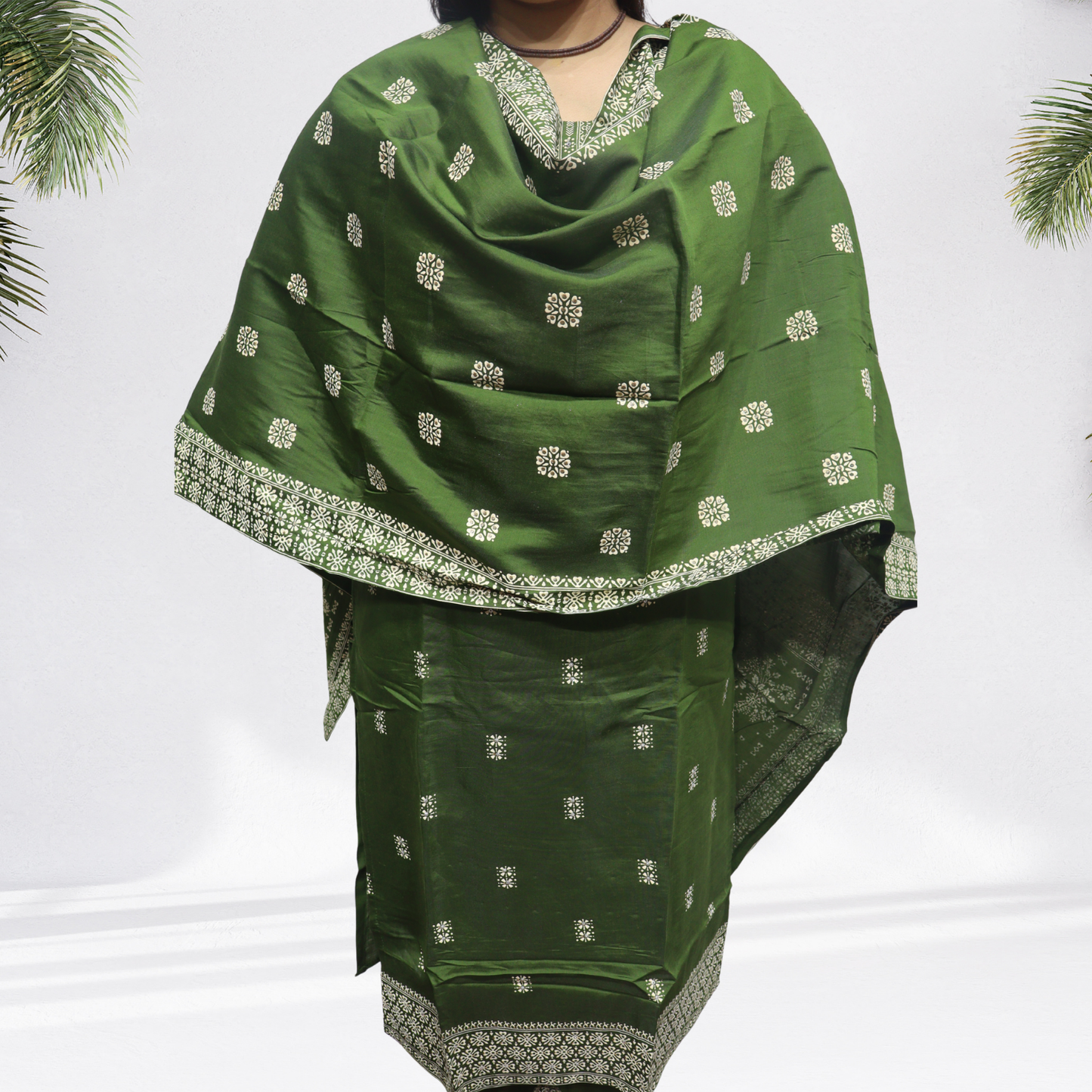 Royal Deep Green Khadi Silk Kurti Set – Handcrafted Ethnic Suit with White Intricate Embroidery & Printed Dupatta(08)