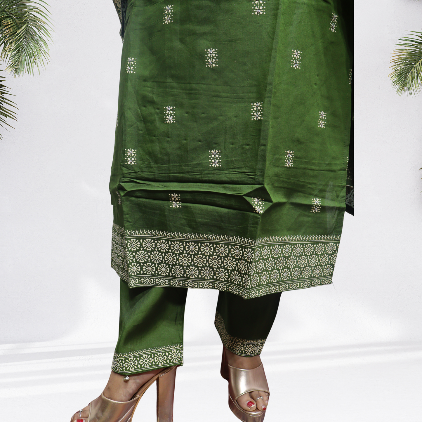 Royal Deep Green Khadi Silk Kurti Set – Handcrafted Ethnic Suit with White Intricate Embroidery & Printed Dupatta(08)