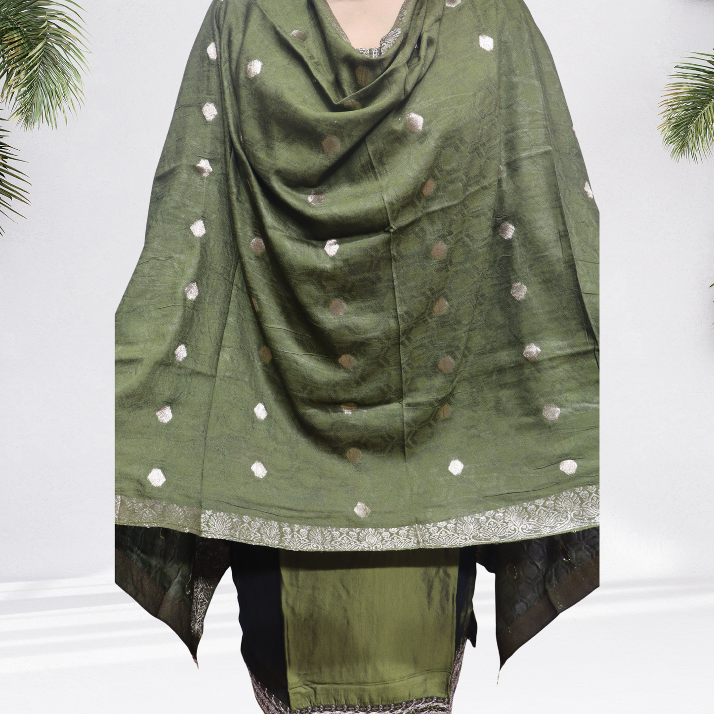 Royal Olive Green Khadi Silk Kurti Set – Handcrafted Ethnic Suit with Golden Embroidery & Banarasi Dupatta(10)