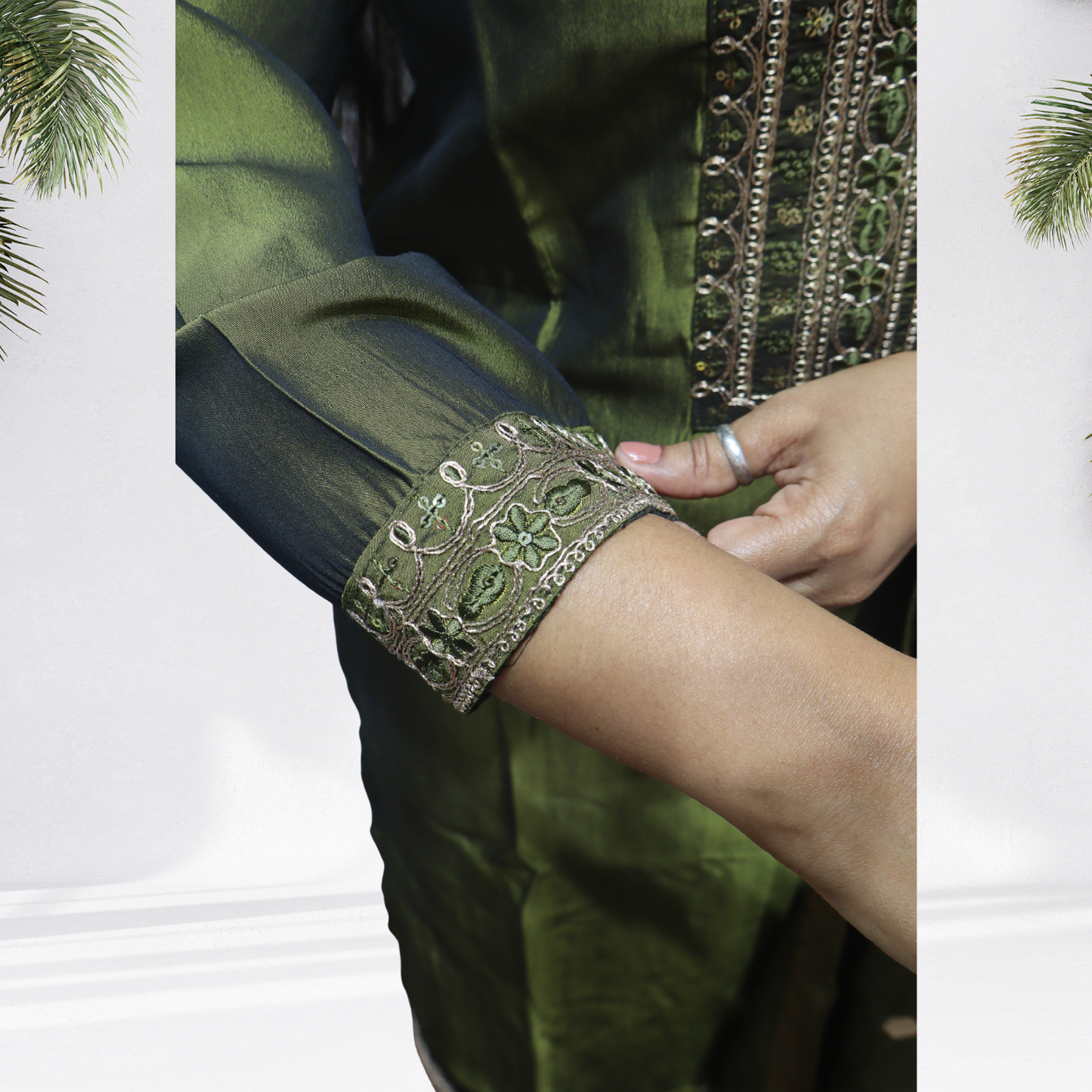 Royal Olive Green Khadi Silk Kurti Set – Handcrafted Ethnic Suit with Golden Embroidery & Banarasi Dupatta(10)