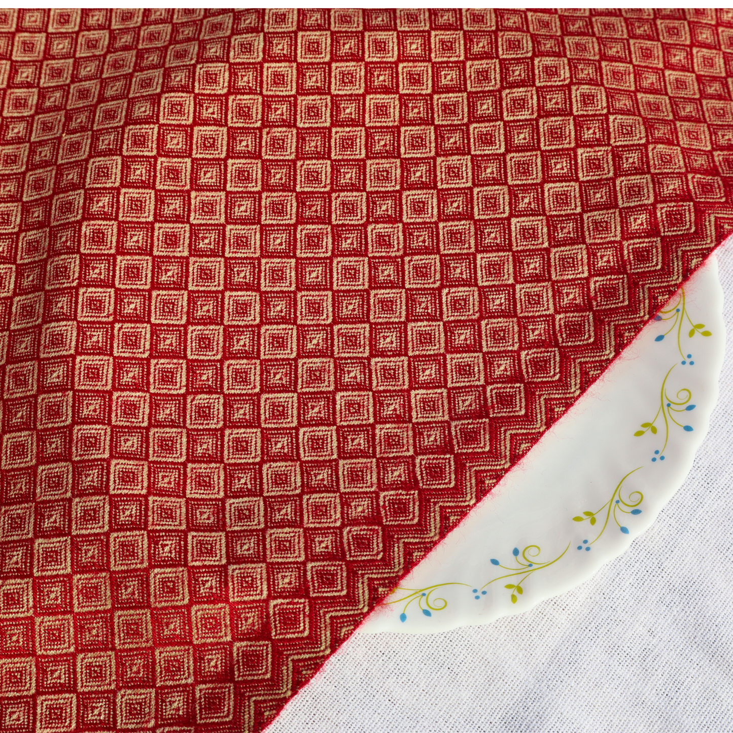 Traditional Red Diamond Pattern Handwoven woolen Fabric