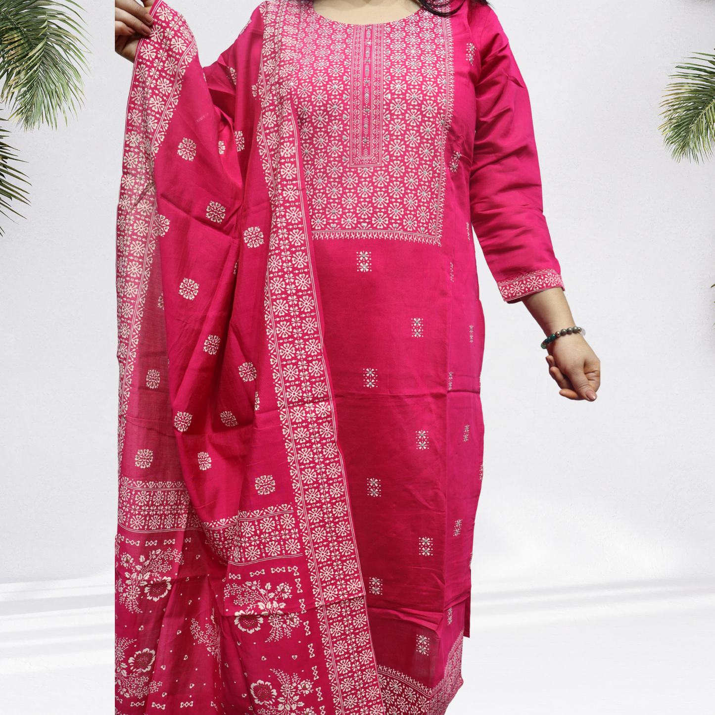 Vibrant Rani Pink Khadi Silk Kurti Set – Handcrafted Ethnic Suit with White Floral Embroidery & Matching Dupatta(09)