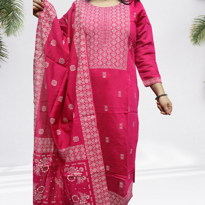 Vibrant Rani Pink Khadi Silk Kurti Set – Handcrafted Ethnic Suit with White Floral Embroidery & Matching Dupatta(09)