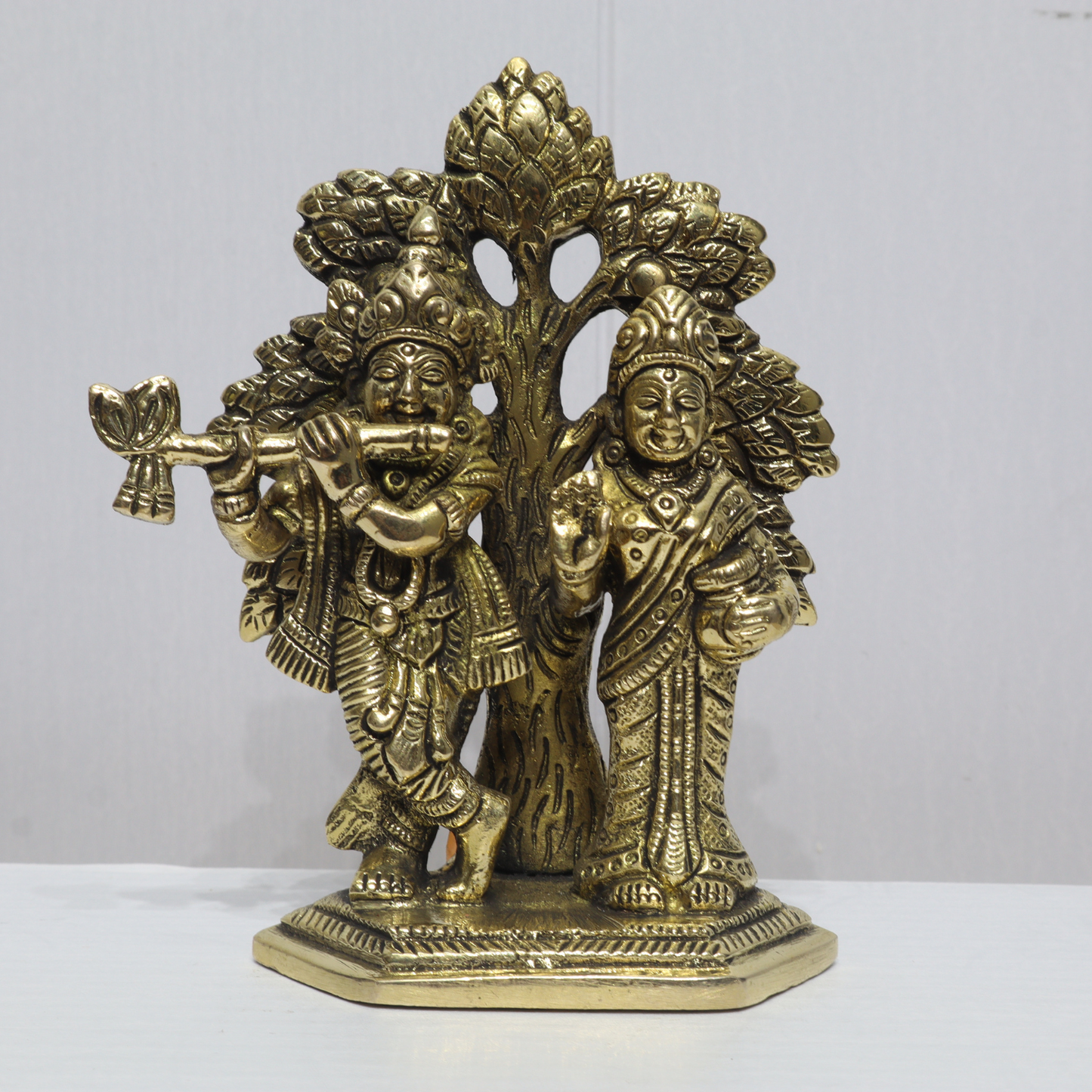 Handcrafted Brass Radha Krishna Idol with Tree – Divine Love & Spiritual Home Décor