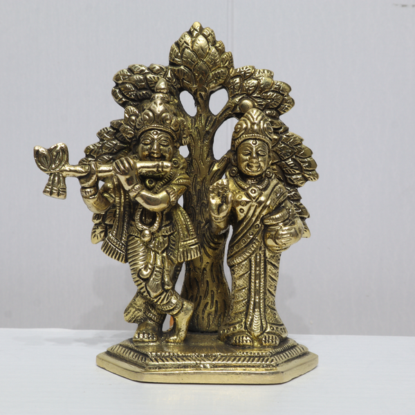 Handcrafted Brass Radha Krishna Idol with Tree – Divine Love & Spiritual Home Décor