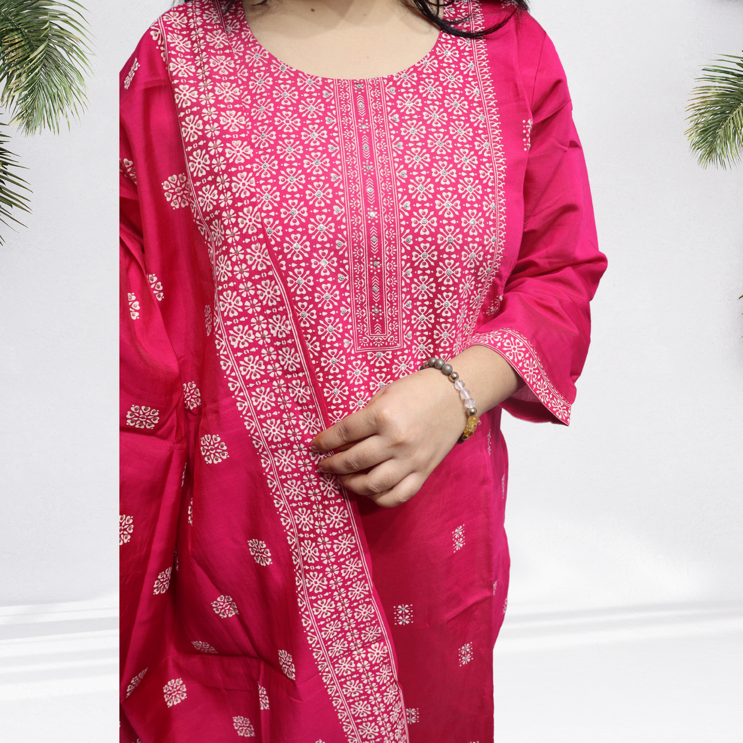 Vibrant Rani Pink Khadi Silk Kurti Set – Handcrafted Ethnic Suit with White Floral Embroidery & Matching Dupatta(09)
