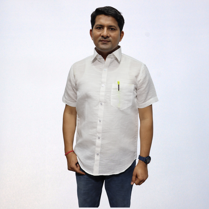 Pure White Handwoven Swadeshi Cotton Men's Shirt - Premium Textured Finish