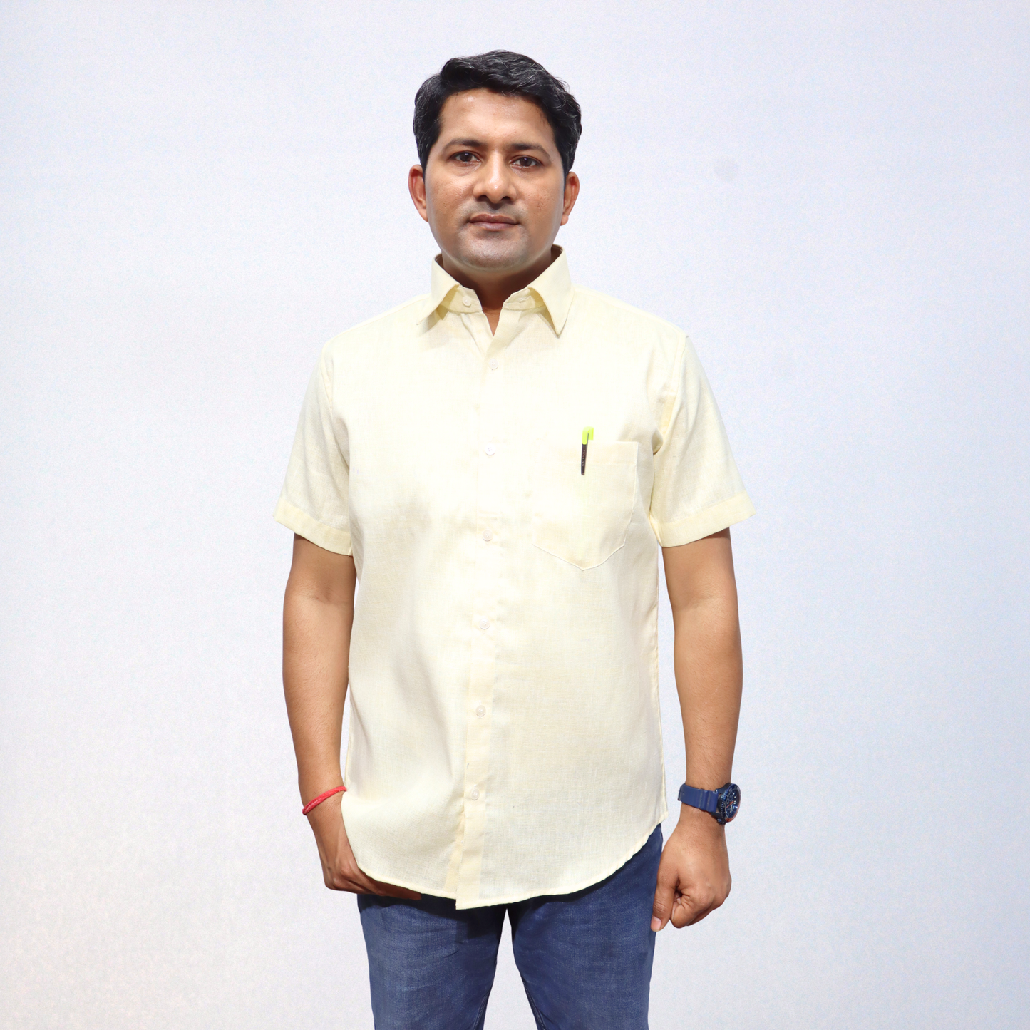 Soothing Lemon Yellow Swadeshi Handmade Cotton Shirt (Half Sleeve)