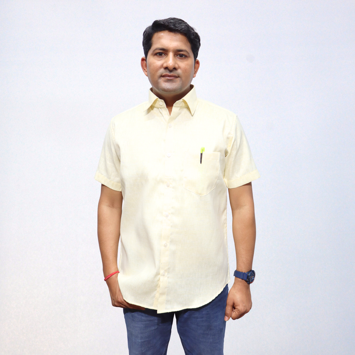 Soothing Lemon Yellow Swadeshi Handmade Cotton Shirt (Half Sleeve)