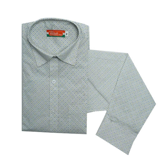 Men’s Printed Khadi Cotton Shirt – Sky Blue Diamond Pattern | Handwoven Elegance