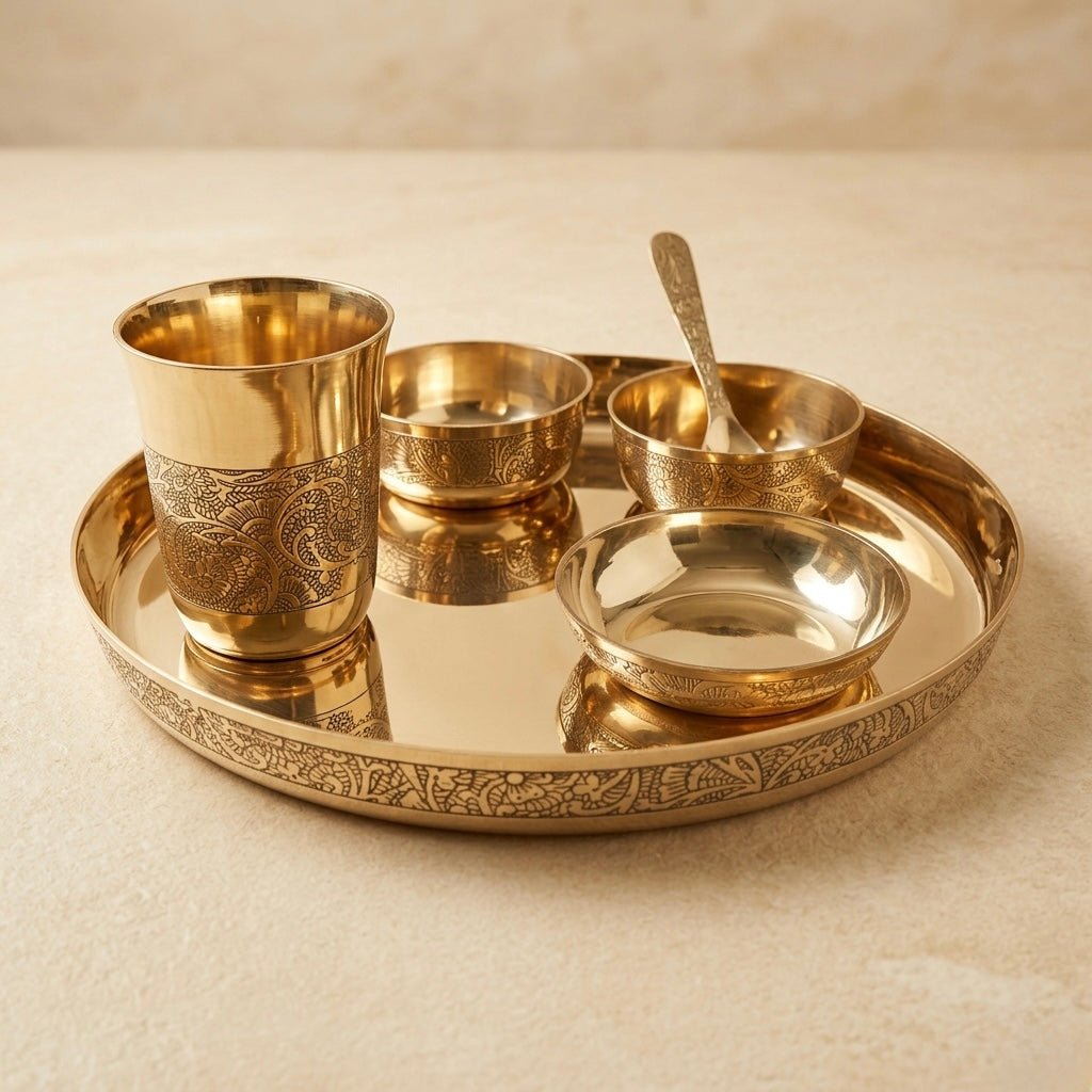 Set of gold brass utensils including cups, bowls, and a spoon on a tray.