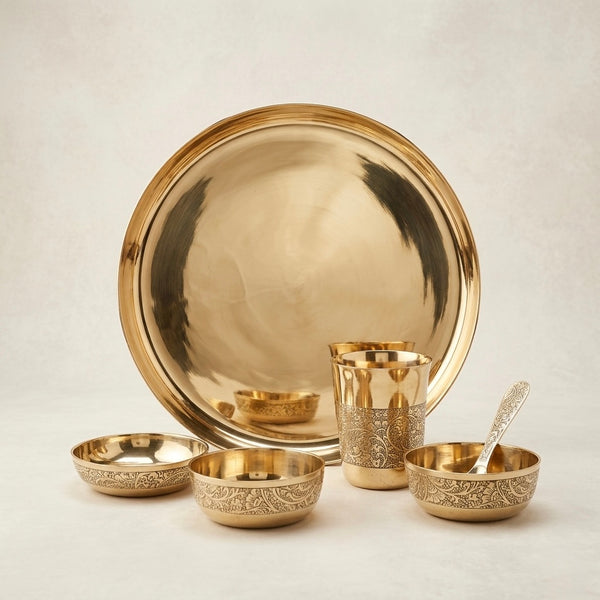 Adhunik Swadeshi Bhandar Brass Dinner Set – Traditional Pooja & Dining Thali Set with Bowls, Glass & Spoon