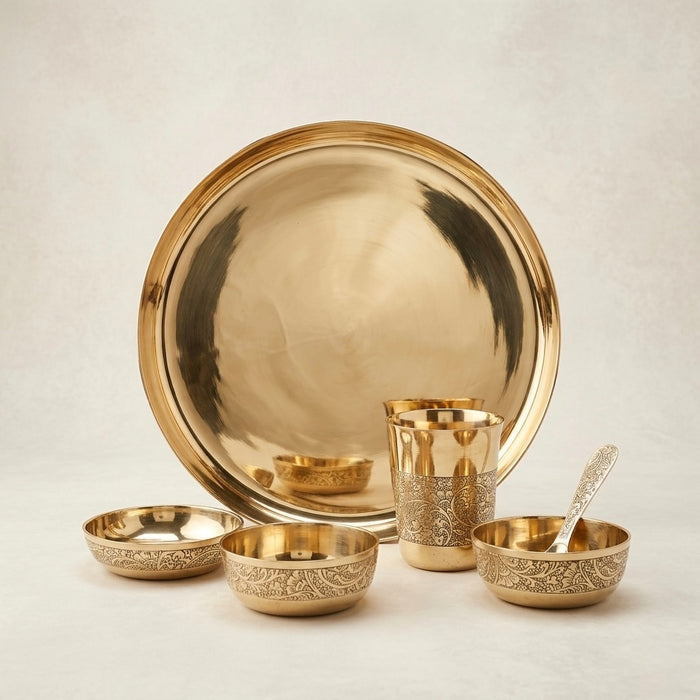 Adhunik Swadeshi Bhandar Brass Dinner Set – Traditional Pooja & Dining Thali Set with Bowls, Glass & Spoon