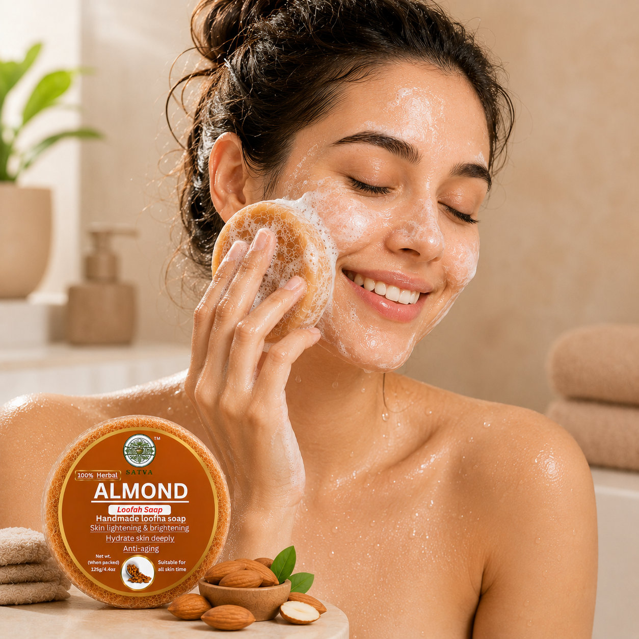 Satva Almond Loofah Bath Soap Natural Exfoliating Skin Care