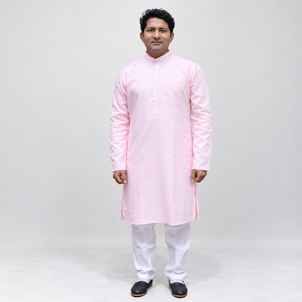 Baby Pink Cotton Men’s Kurta – Mandarin Collar, Full Sleeves & Chest Pocket