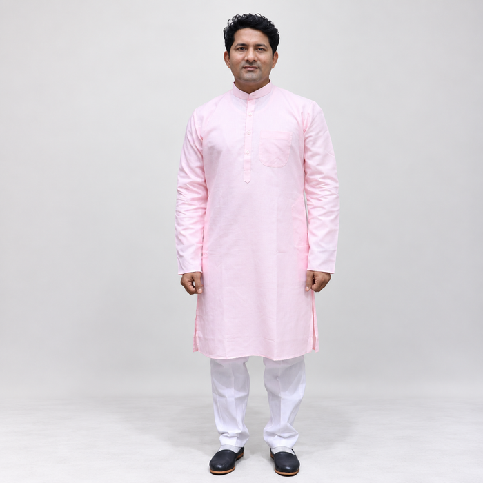 Baby Pink Cotton Men’s Kurta – Mandarin Collar, Full Sleeves & Chest Pocket