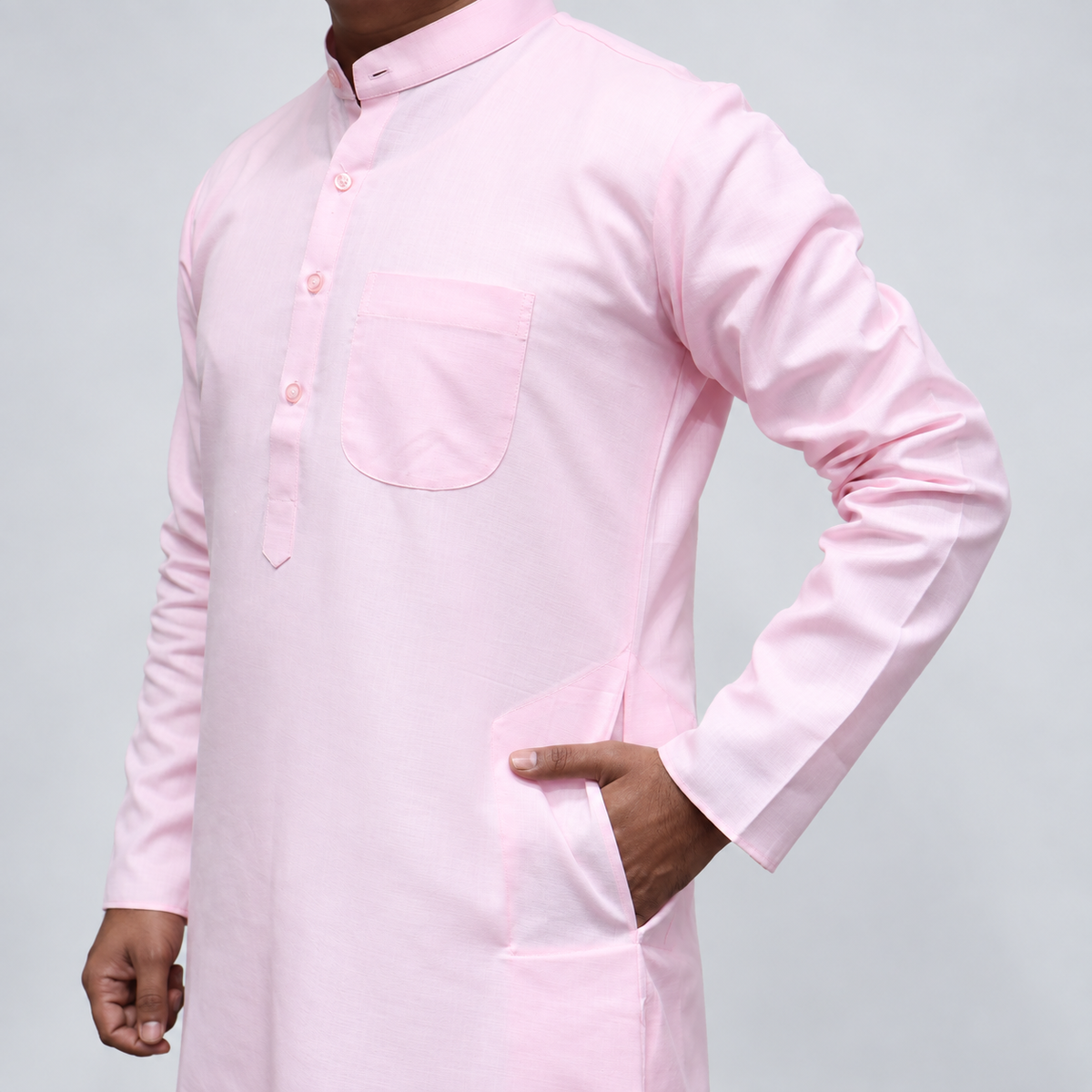 Baby Pink Cotton men’s kurta side view with chest pocket