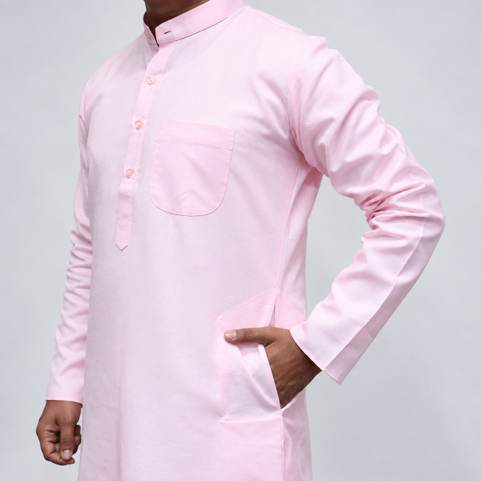 Baby Pink Cotton Men’s Kurta – Mandarin Collar, Full Sleeves & Chest Pocket
