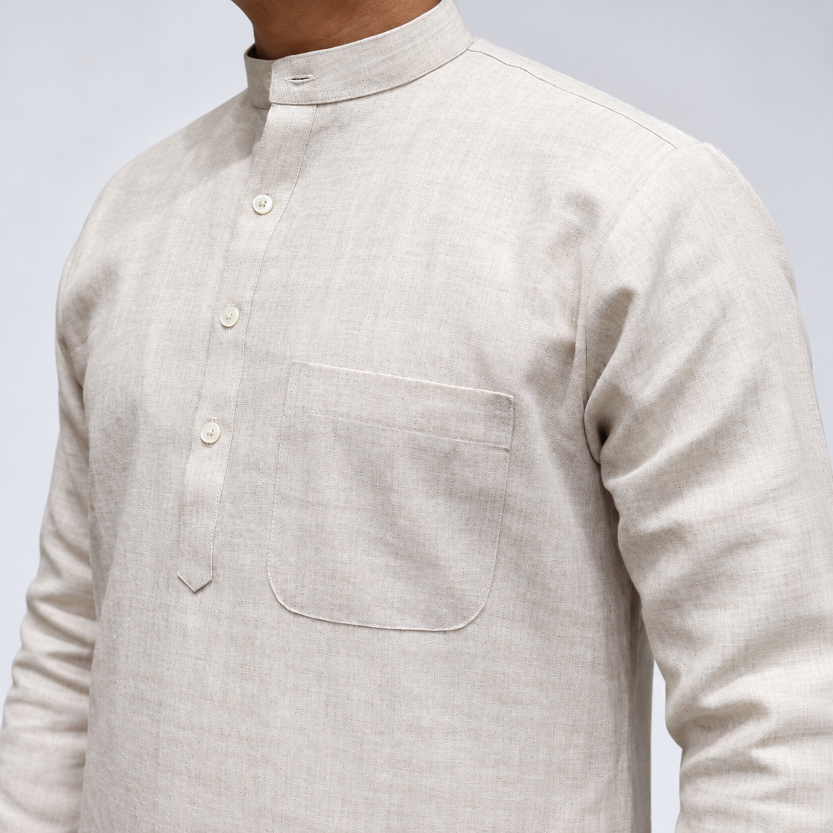 Cream Linen kurta mandarin collar and front button detailing