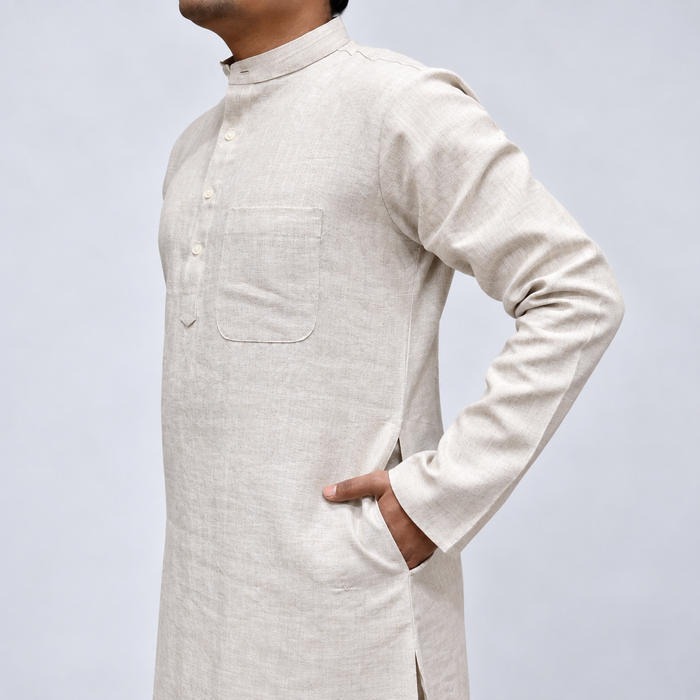 Cream Linen Men’s Kurta – Mandarin Collar, Full Sleeves & Classic Traditional Wear