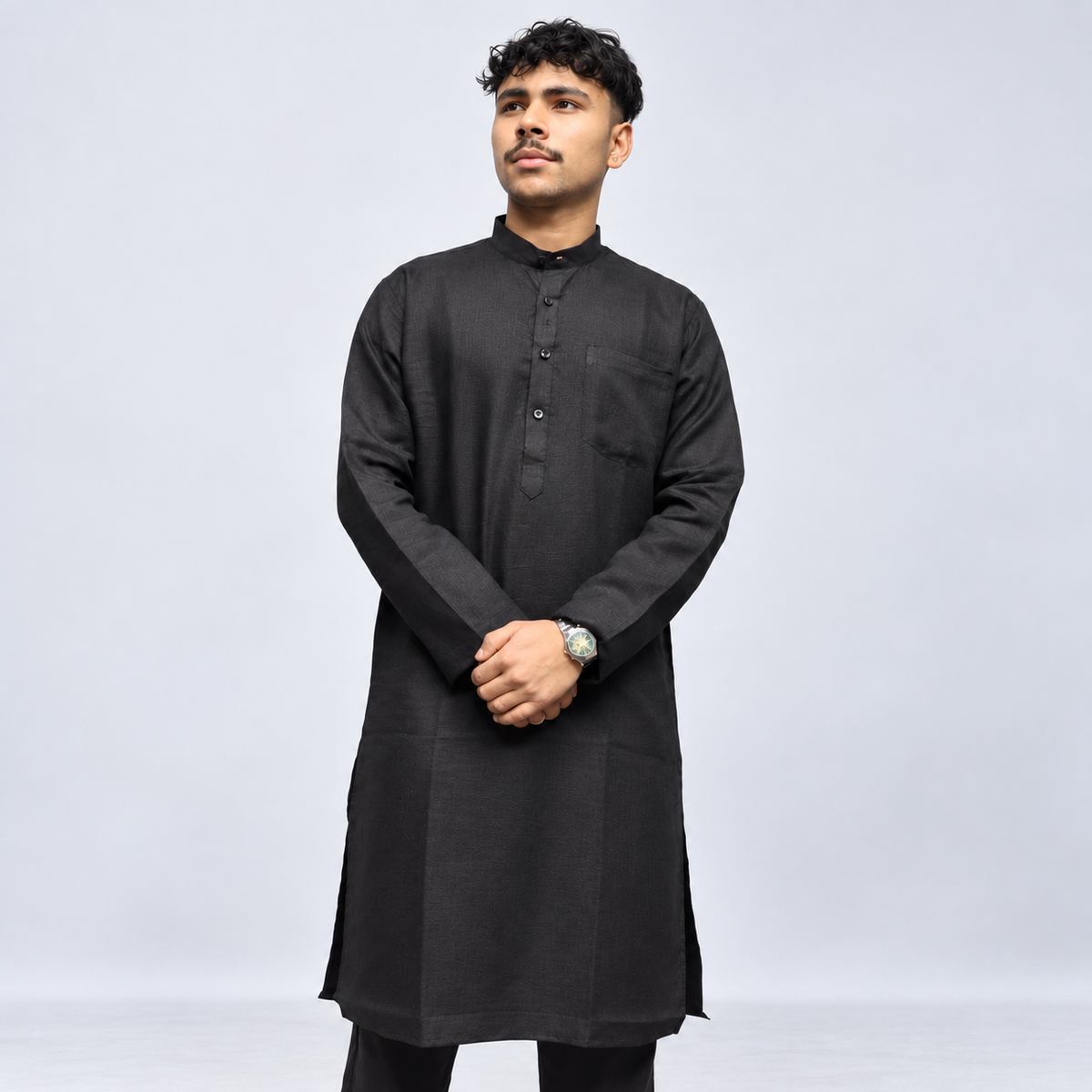 Black Khadi linen kurta for men front view