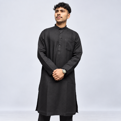 Black Khadi linen kurta for men front view