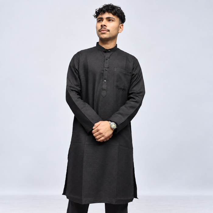 Black Khadi Linen Men’s Kurta – Full Sleeve Traditional Ethnic Wear