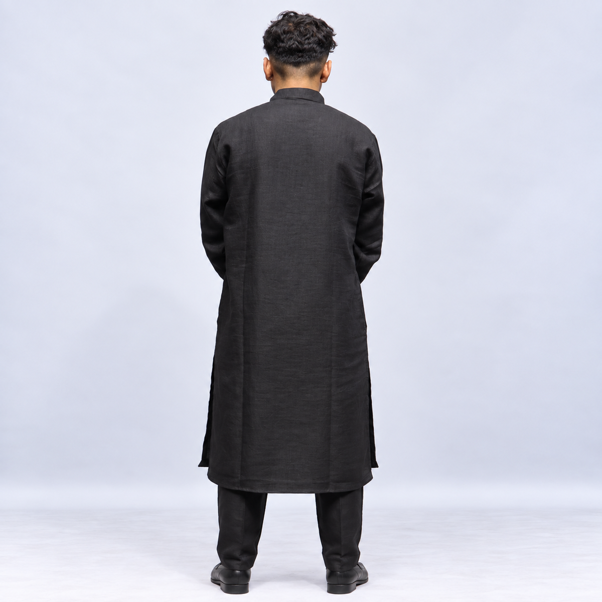 Black traditional Khadi kurta with Mandarin collar