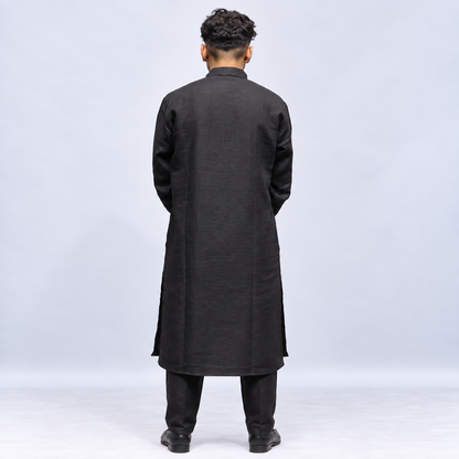 Black traditional Khadi kurta with Mandarin collar