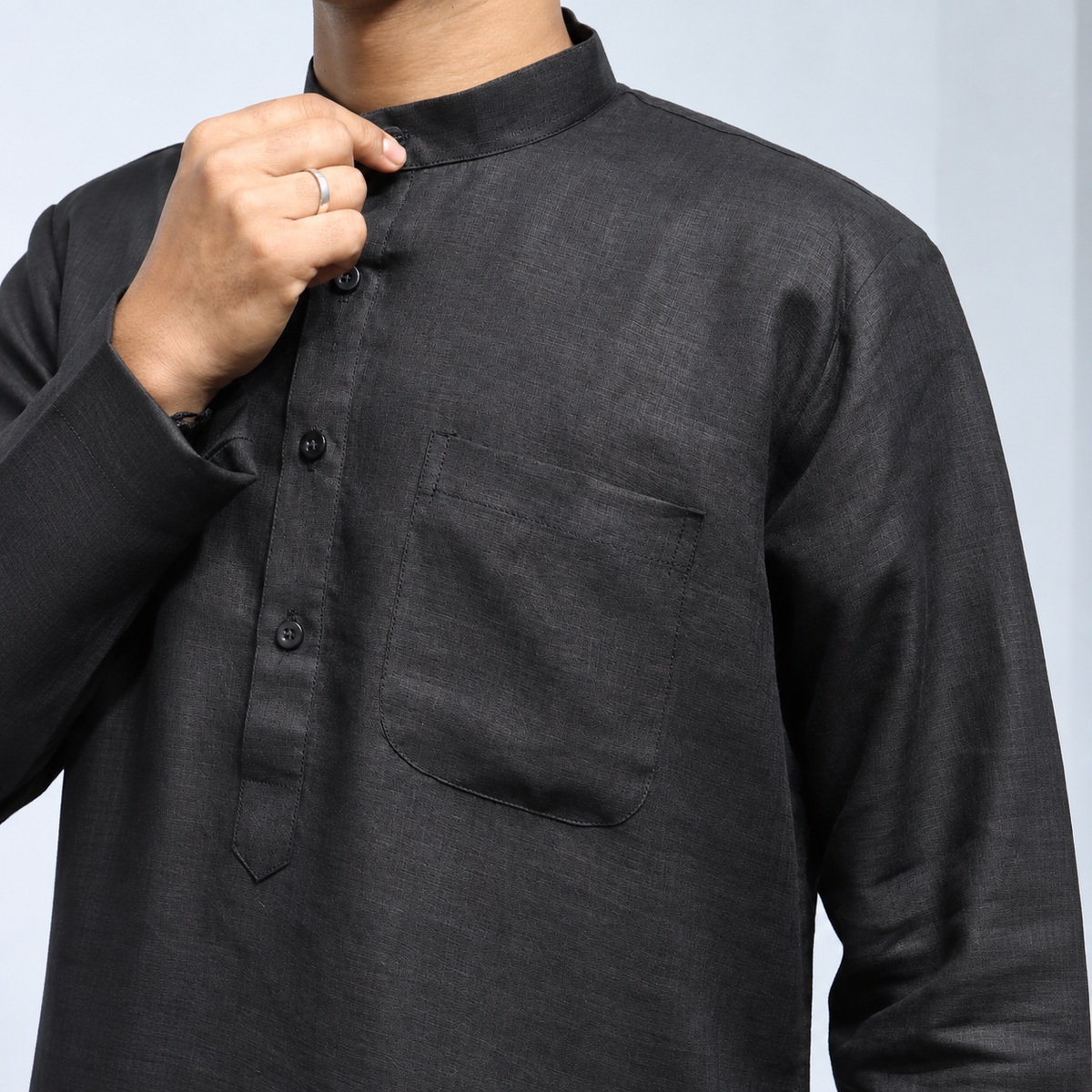Black Khadi linen kurta detailed front view