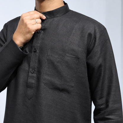 Black Khadi linen kurta detailed front view