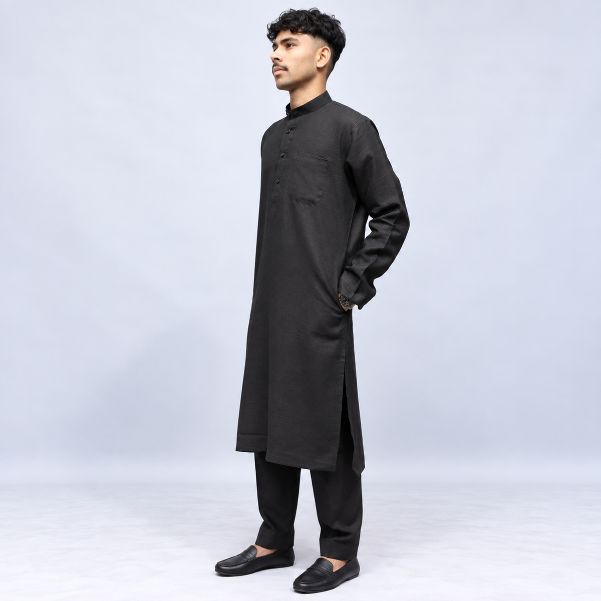 Black full sleeve Khadi linen men’s kurta