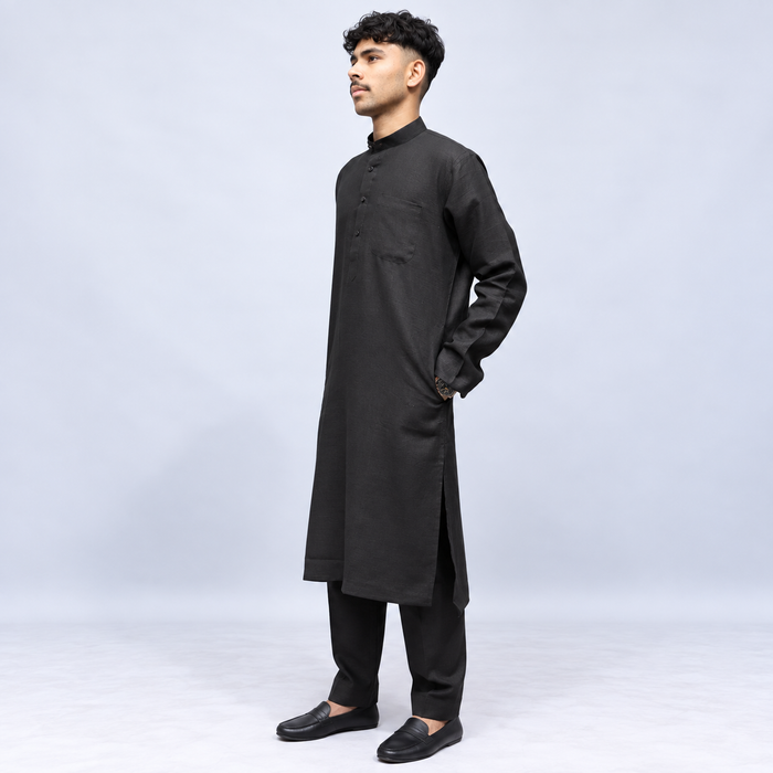 Black Khadi Linen Men’s Kurta – Full Sleeve Traditional Ethnic Wear