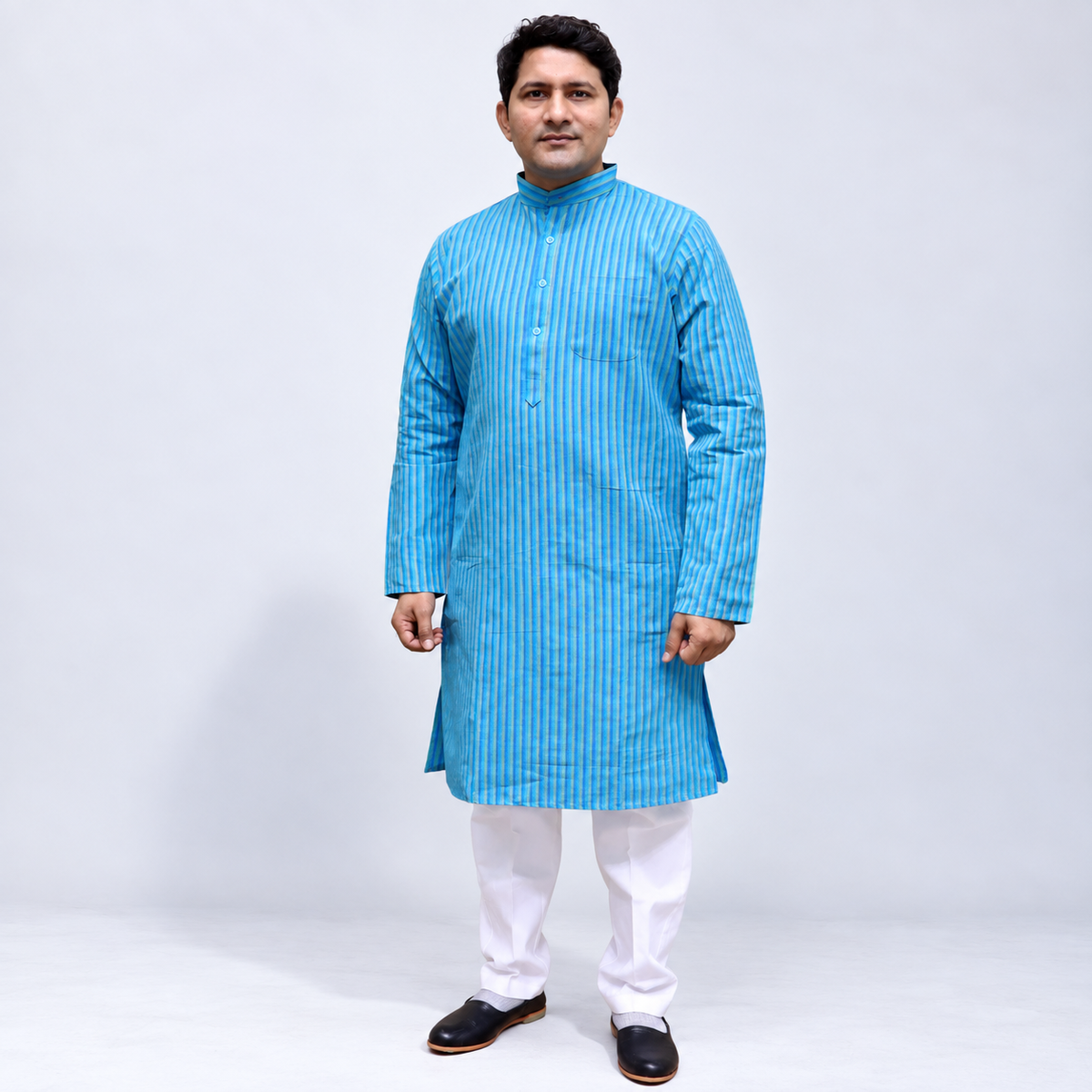 Blue striped Cotton men’s kurta front view