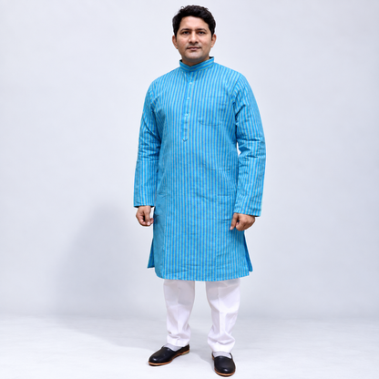 Blue striped Cotton men’s kurta front view
