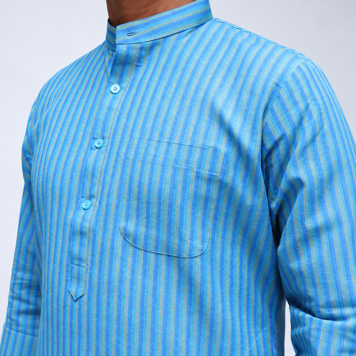 Blue striped Cotton men’s kurta full sleeve side view