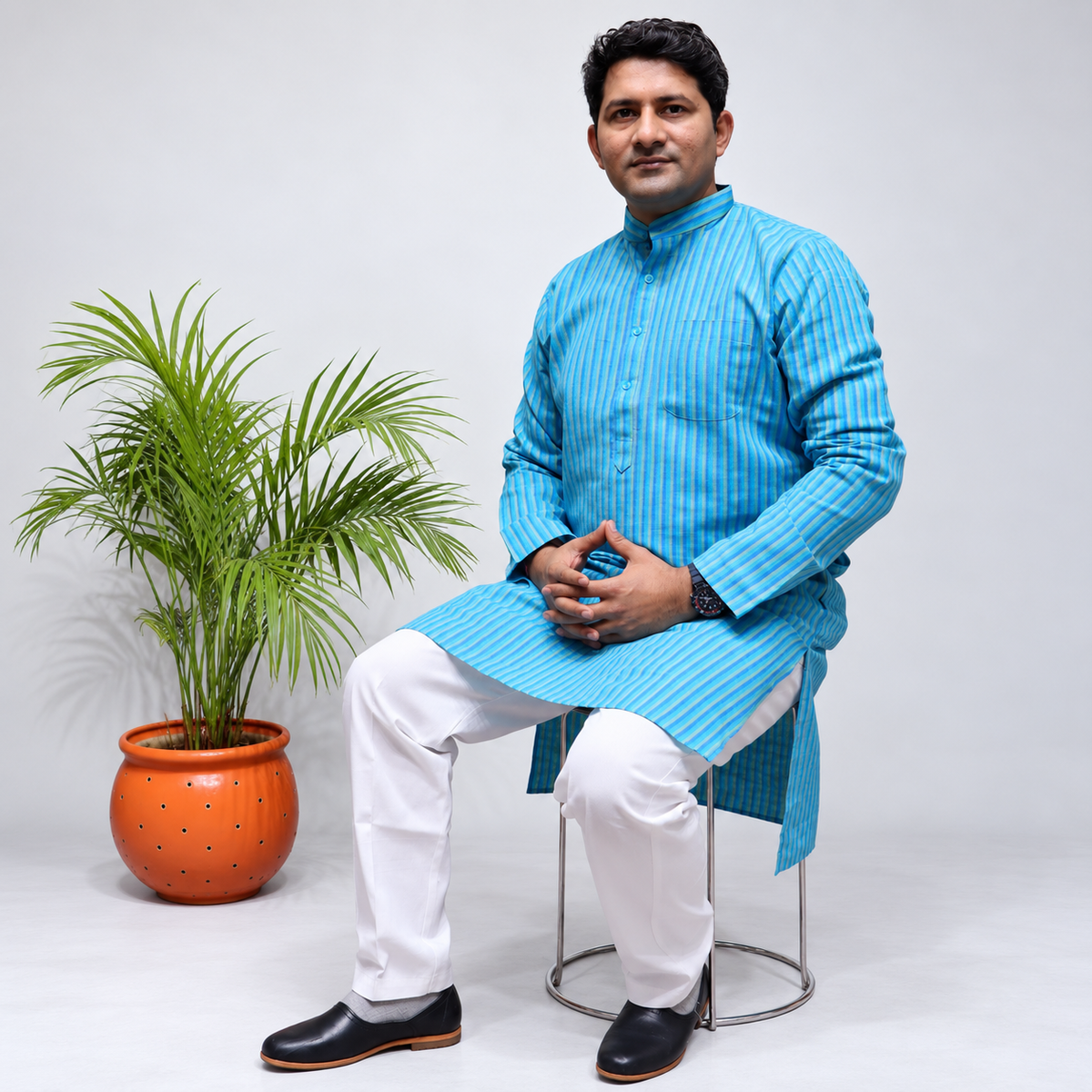 Blue striped Cotton men’s kurta full sleeve side view