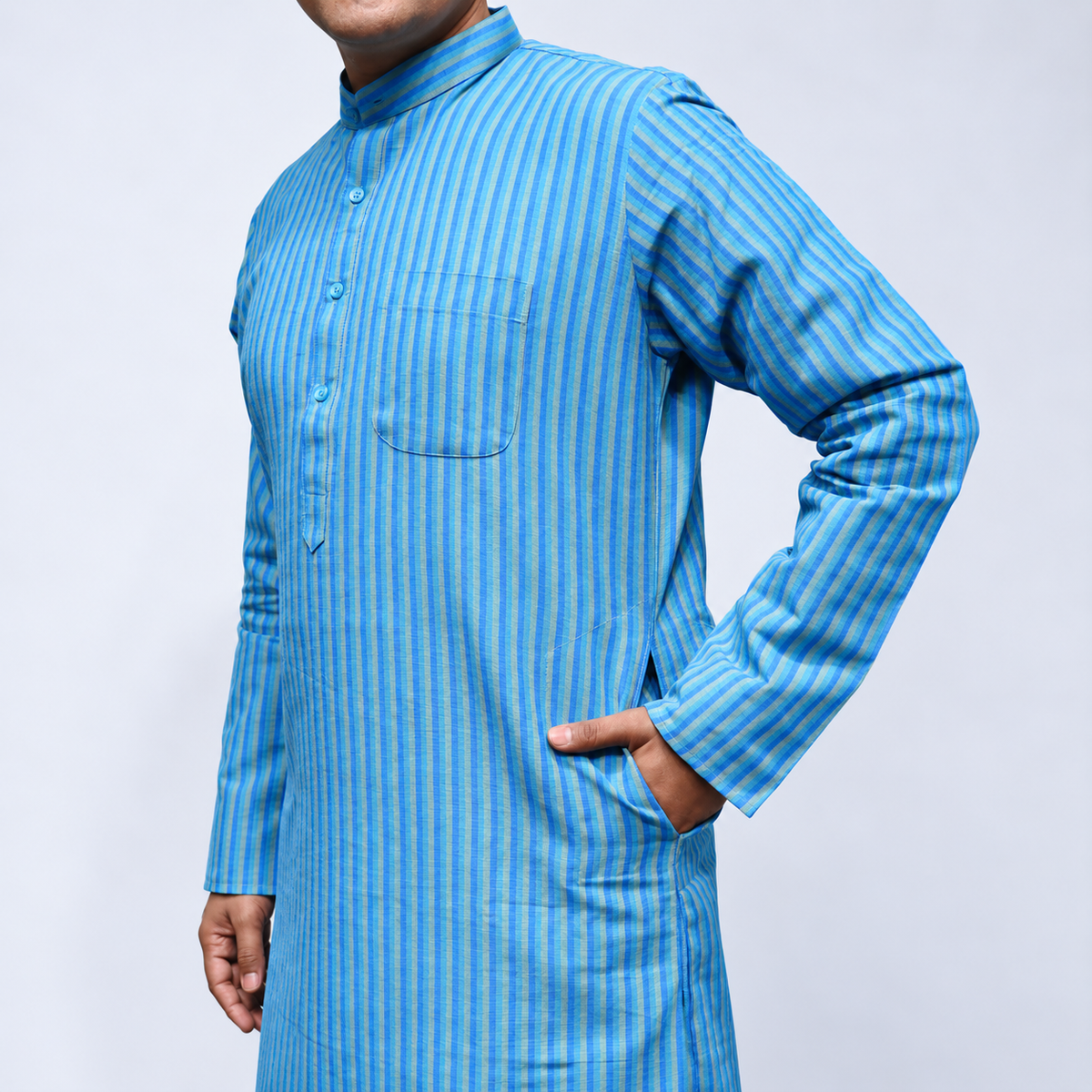 Blue striped Cotton men’s kurta collar and chest pocket